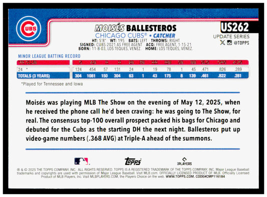 2025 Topps Update Moisés Ballesteros Card RC Chicago Cubs #US262