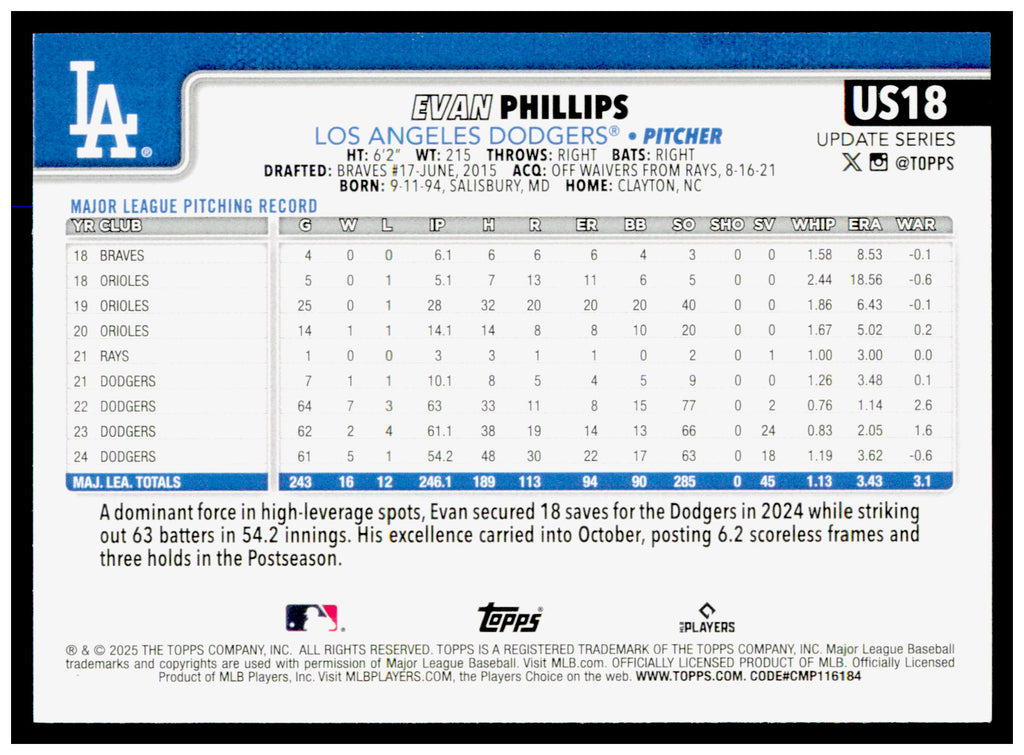 2025 Topps Update Evan Phillips Card Los Angeles Dodgers #US18