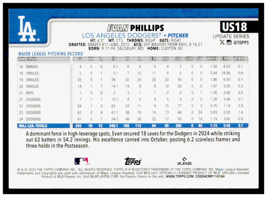 2025 Topps Update Evan Phillips Card Los Angeles Dodgers #US18