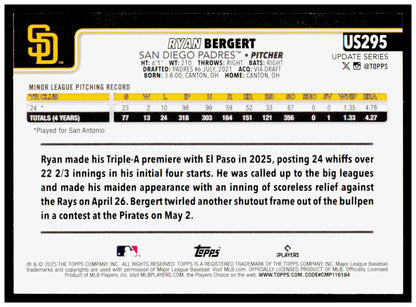 2025 Topps Update Ryan Bergert Card RC San Diego Padres #US295