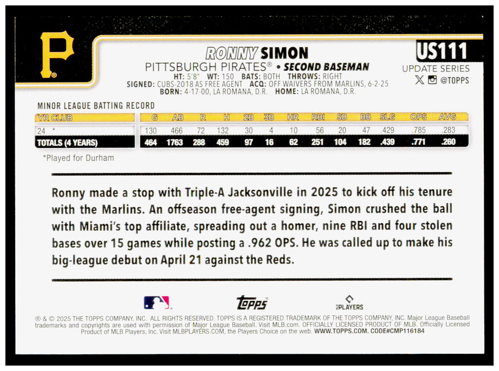 2025 Topps Update Ronny Simon Card RC Pittsburgh Pirates #US111
