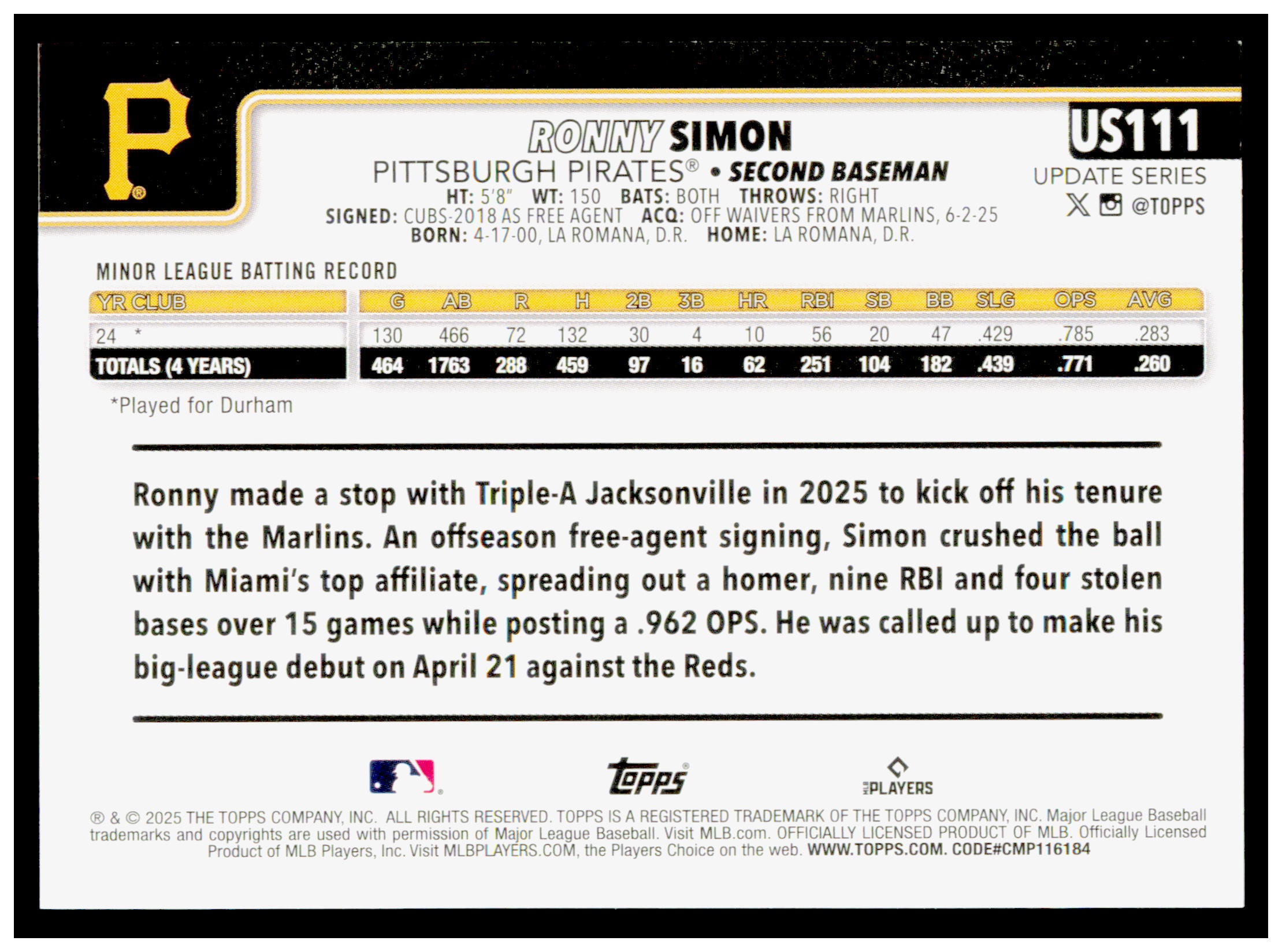 2025 Topps Update Ronny Simon Card RC Pittsburgh Pirates #US111