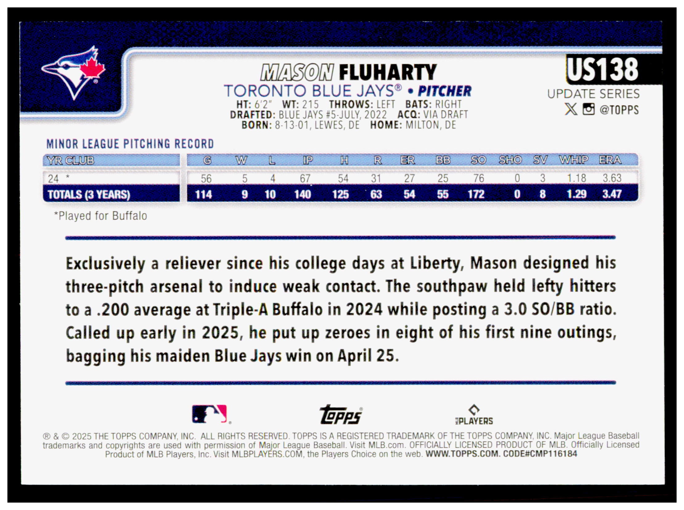 2025 Topps Update Mason Fluharty Card RC Toronto Blue Jays #US138