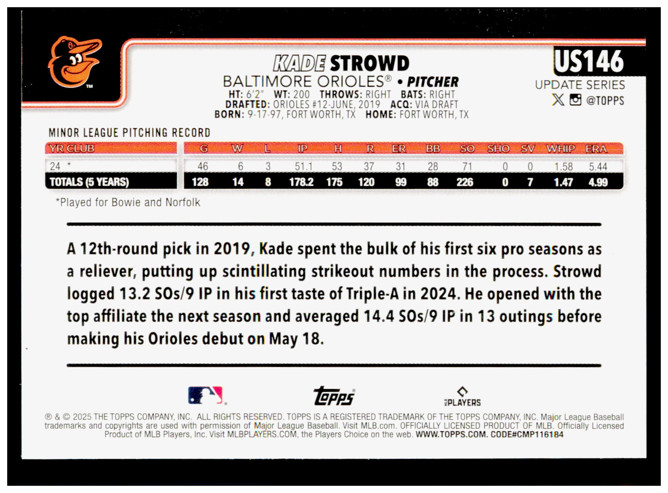 2025 Topps Update Kade Strowd Card RC Baltimore Orioles #US146