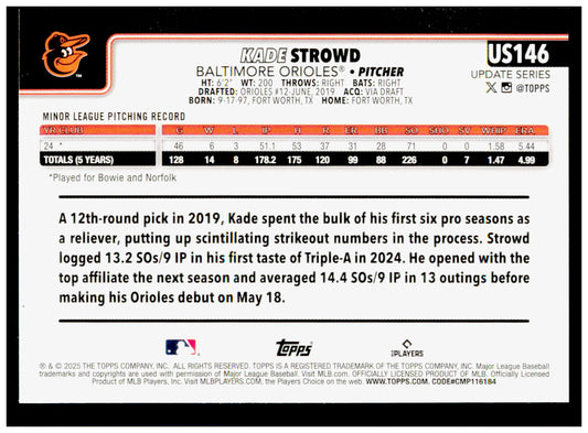 2025 Topps Update Kade Strowd Card RC Baltimore Orioles #US146