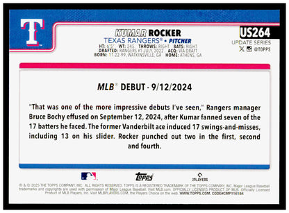 2025 Topps Update Kumar Rocker Card Texas Rangers #US264