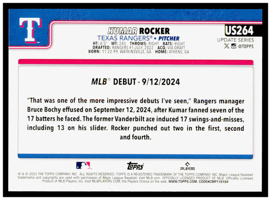 2025 Topps Update Kumar Rocker Card Texas Rangers #US264