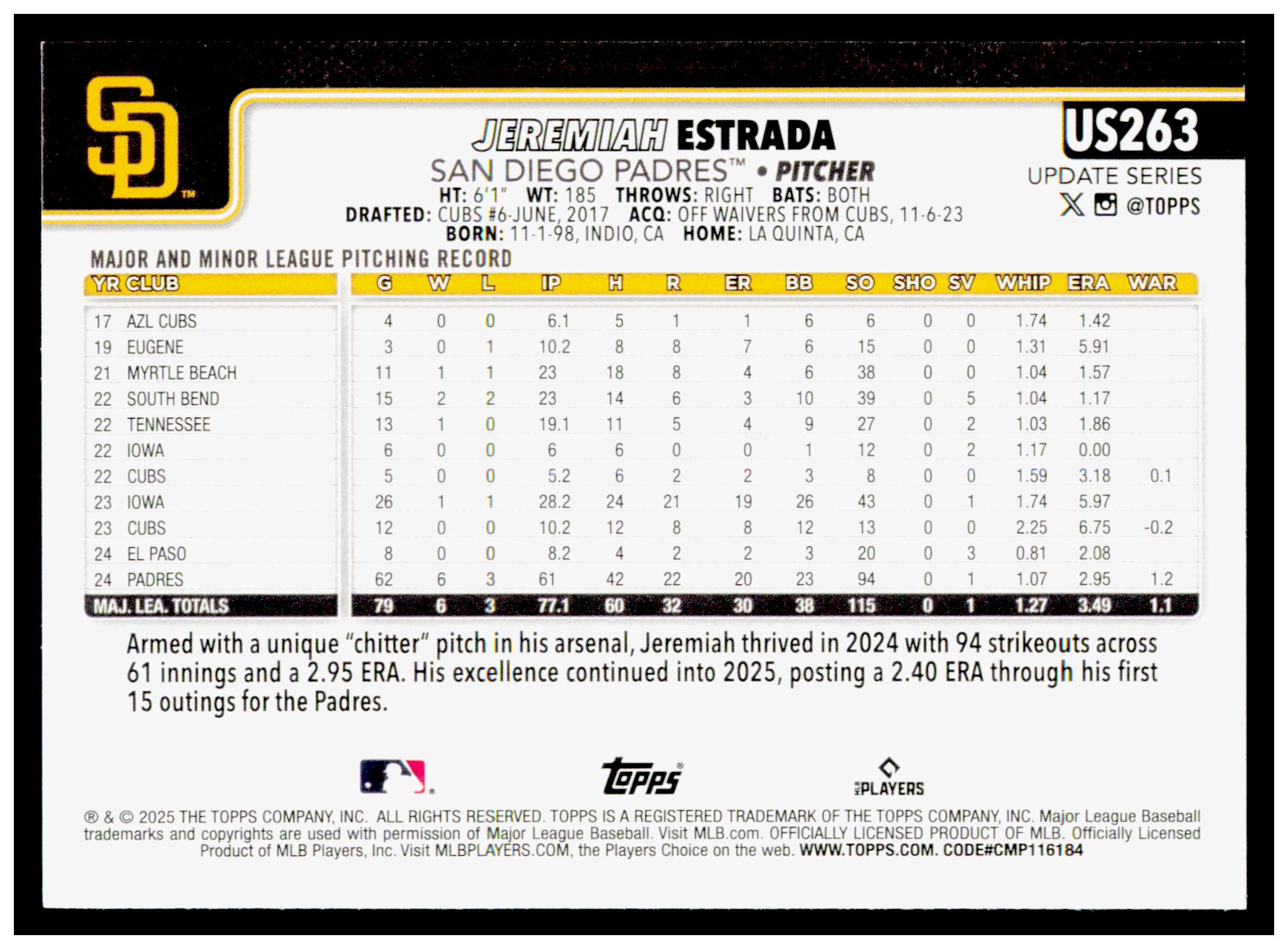 2025 Topps Update Jeremiah Estrada Card San Diego Padres #US263