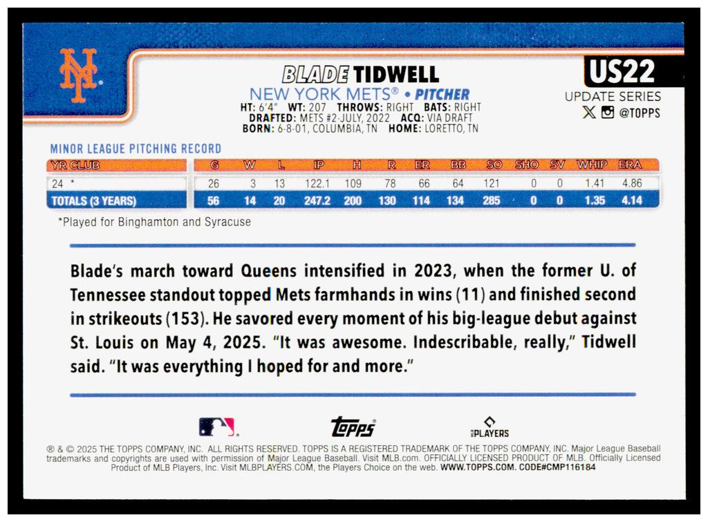 2025 Topps Update Blade Tidwell Card RC New York Mets #US22