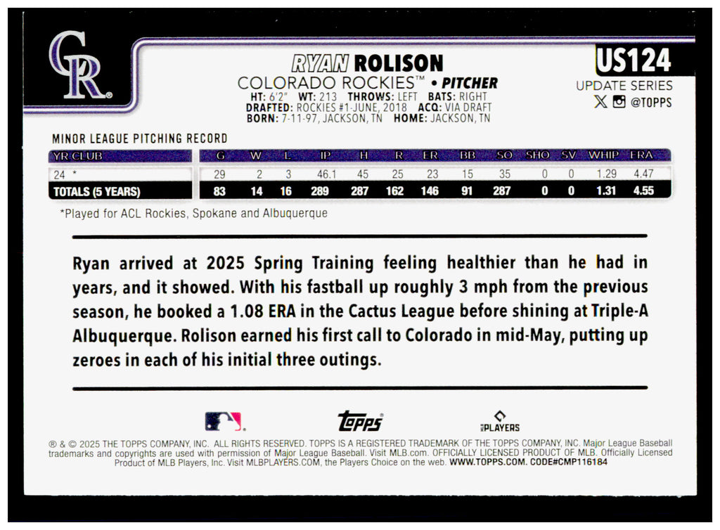 2025 Topps Update Ryan Rolison Card RC Colorado Rockies #US124