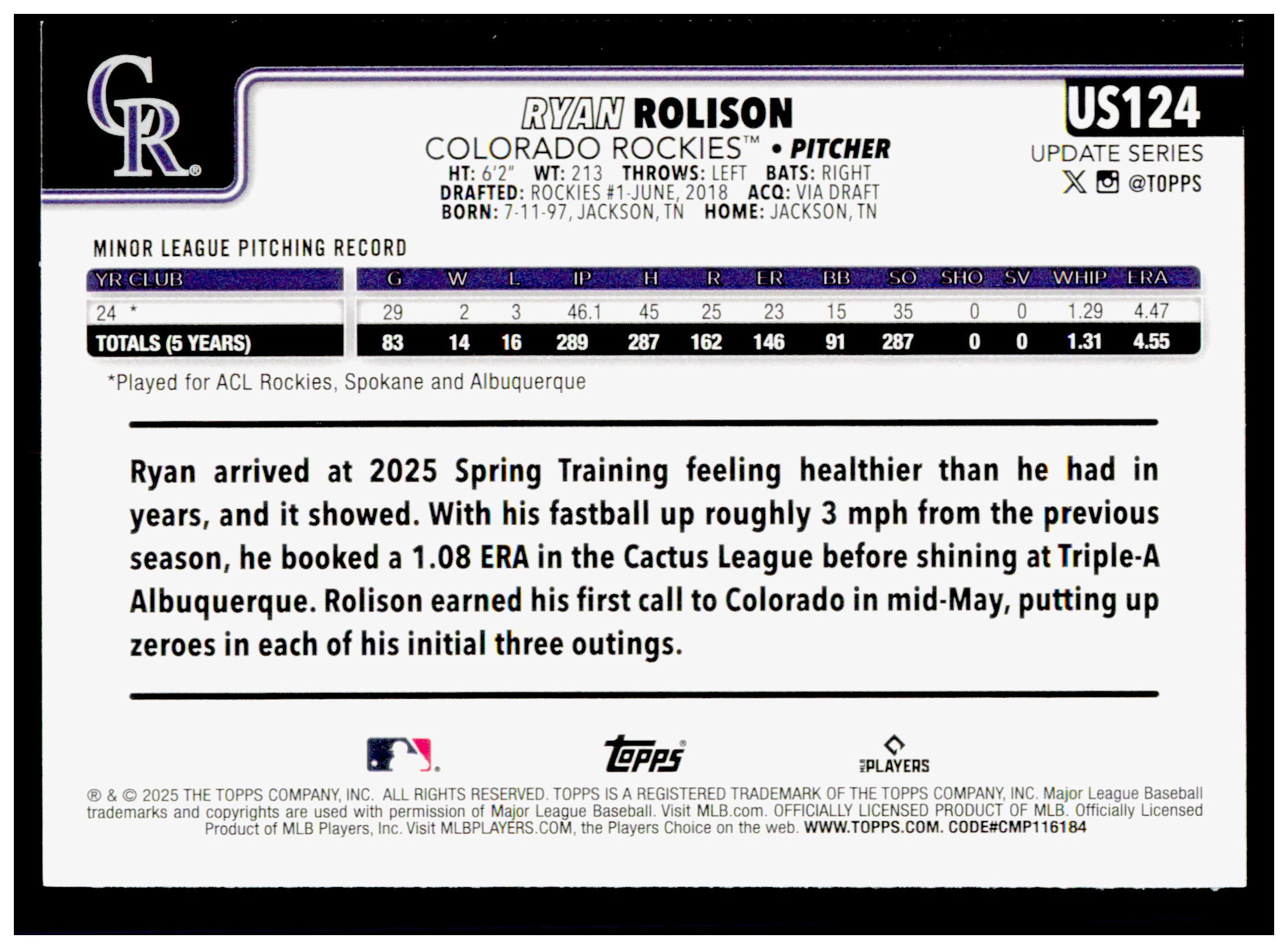 2025 Topps Update Ryan Rolison Card RC Colorado Rockies #US124