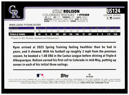 2025 Topps Update Ryan Rolison Card RC Colorado Rockies #US124