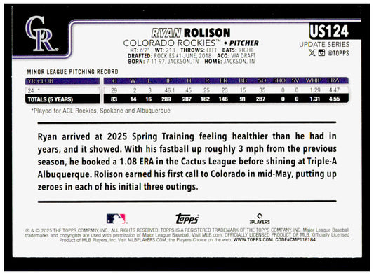 2025 Topps Update Ryan Rolison Card RC Colorado Rockies #US124
