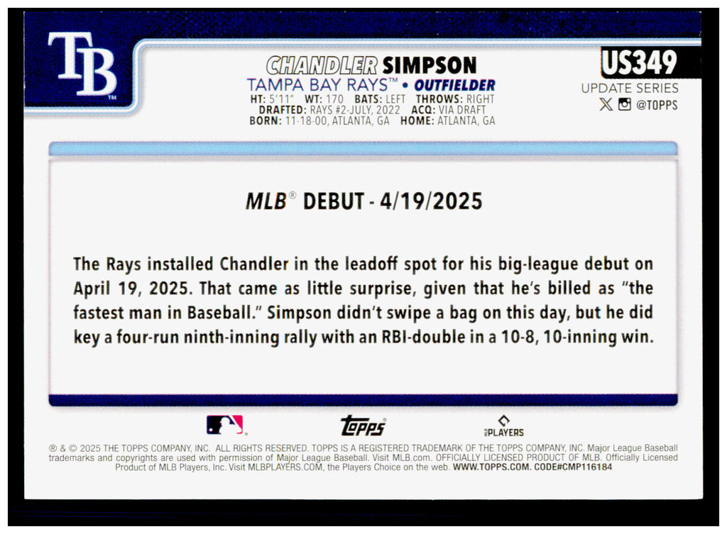 2025 Topps Update Chandler Simpson Card Tampa Bay Rays #US349