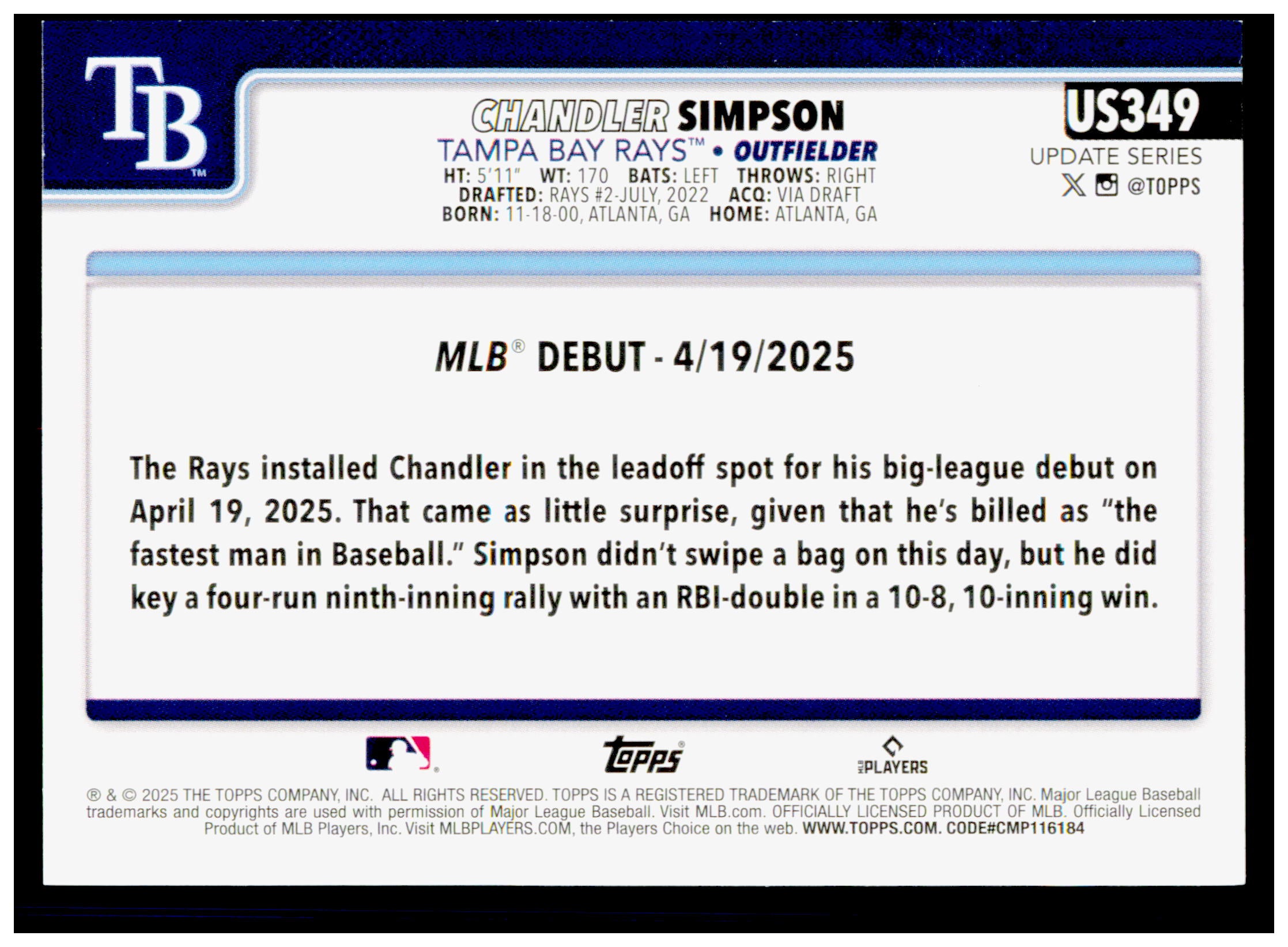 2025 Topps Update Chandler Simpson Card Tampa Bay Rays #US349