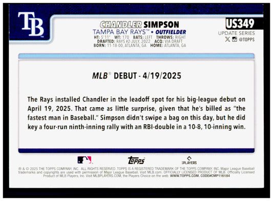 2025 Topps Update Chandler Simpson Card Tampa Bay Rays #US349