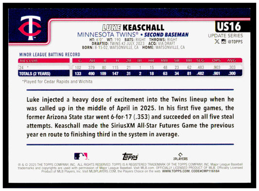 2025 Topps Update Luke Keaschall Card RC Minnesota Twins #US16