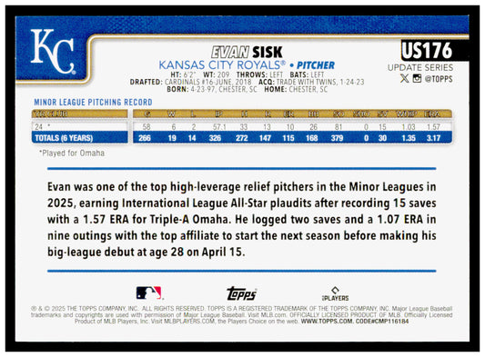 2025 Topps Update Evan Sisk Card RC Kansas City Royals #US176