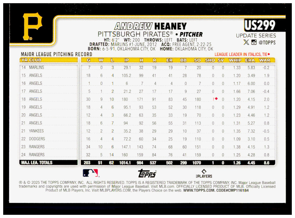 2025 Topps Update Andrew Heaney Card Pittsburgh Pirates #US299