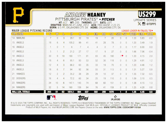 2025 Topps Update Andrew Heaney Card Pittsburgh Pirates #US299