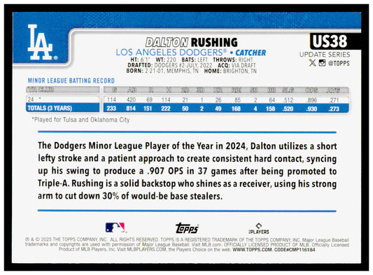 2025 Topps Update Dalton Rushing Card RC Los Angeles Dodgers #US38