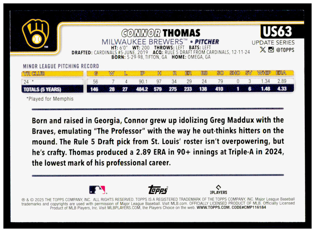 2025 Topps Update Connor Thomas Card RC Milwaukee Brewers #US63