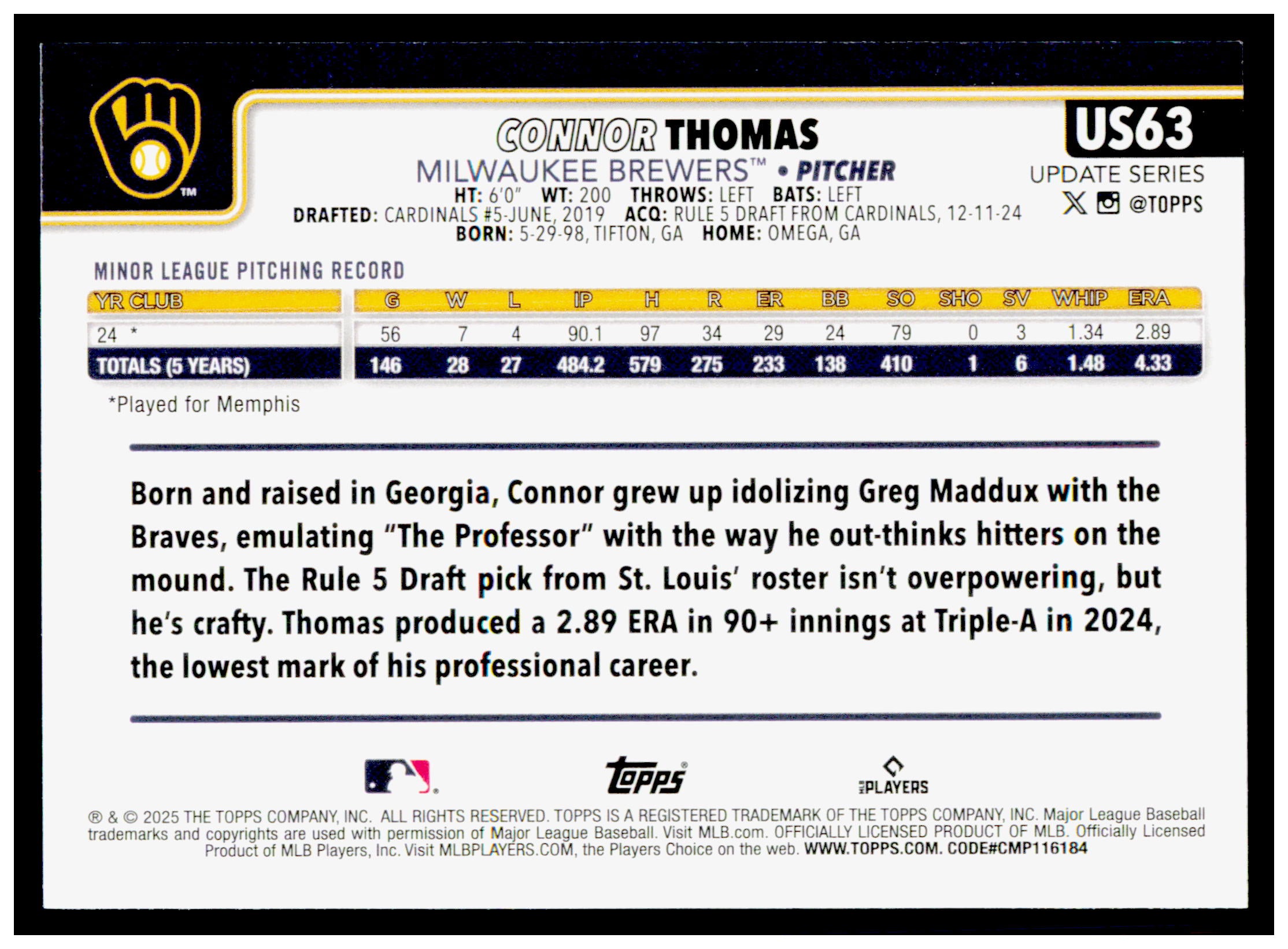 2025 Topps Update Connor Thomas Card RC Milwaukee Brewers #US63