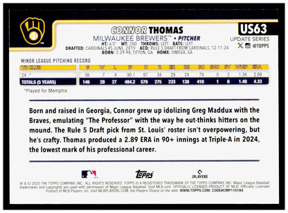 2025 Topps Update Connor Thomas Card RC Milwaukee Brewers #US63