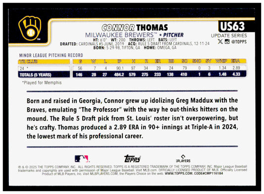 2025 Topps Update Connor Thomas Card RC Milwaukee Brewers #US63