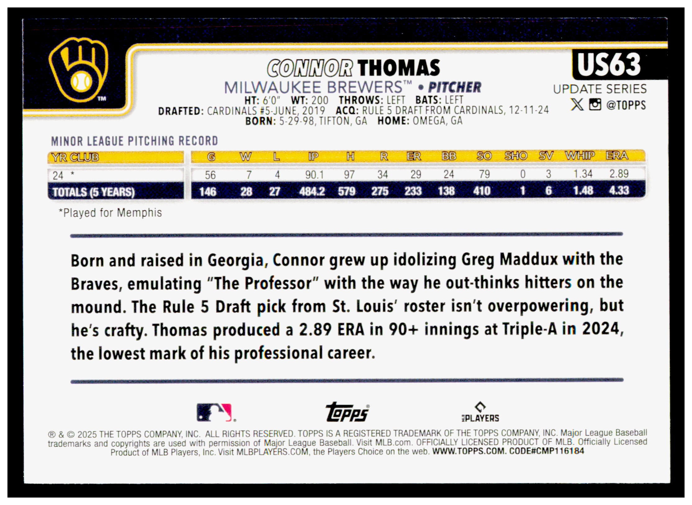 2025 Topps Update Connor Thomas Card RC Milwaukee Brewers #US63