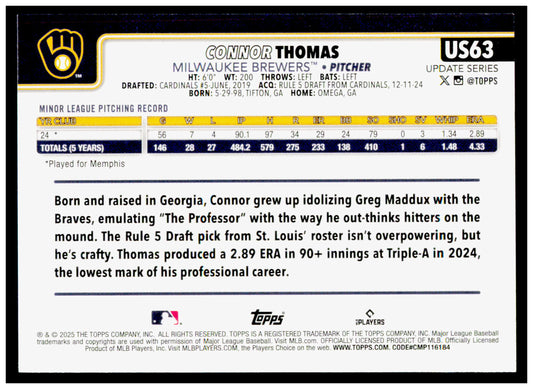 2025 Topps Update Connor Thomas Card RC Milwaukee Brewers #US63