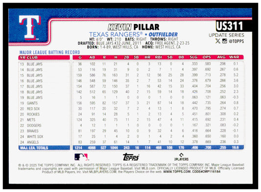 2025 Topps Update Kevin Pillar Card Texas Rangers #US311