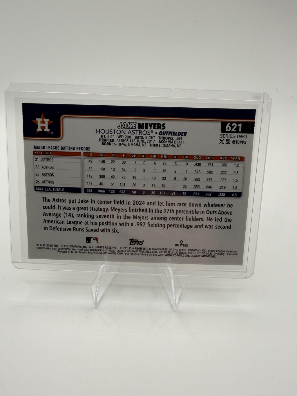 2025 Topps Jake Meyers Card Yellow Boarder Houston Astros #621