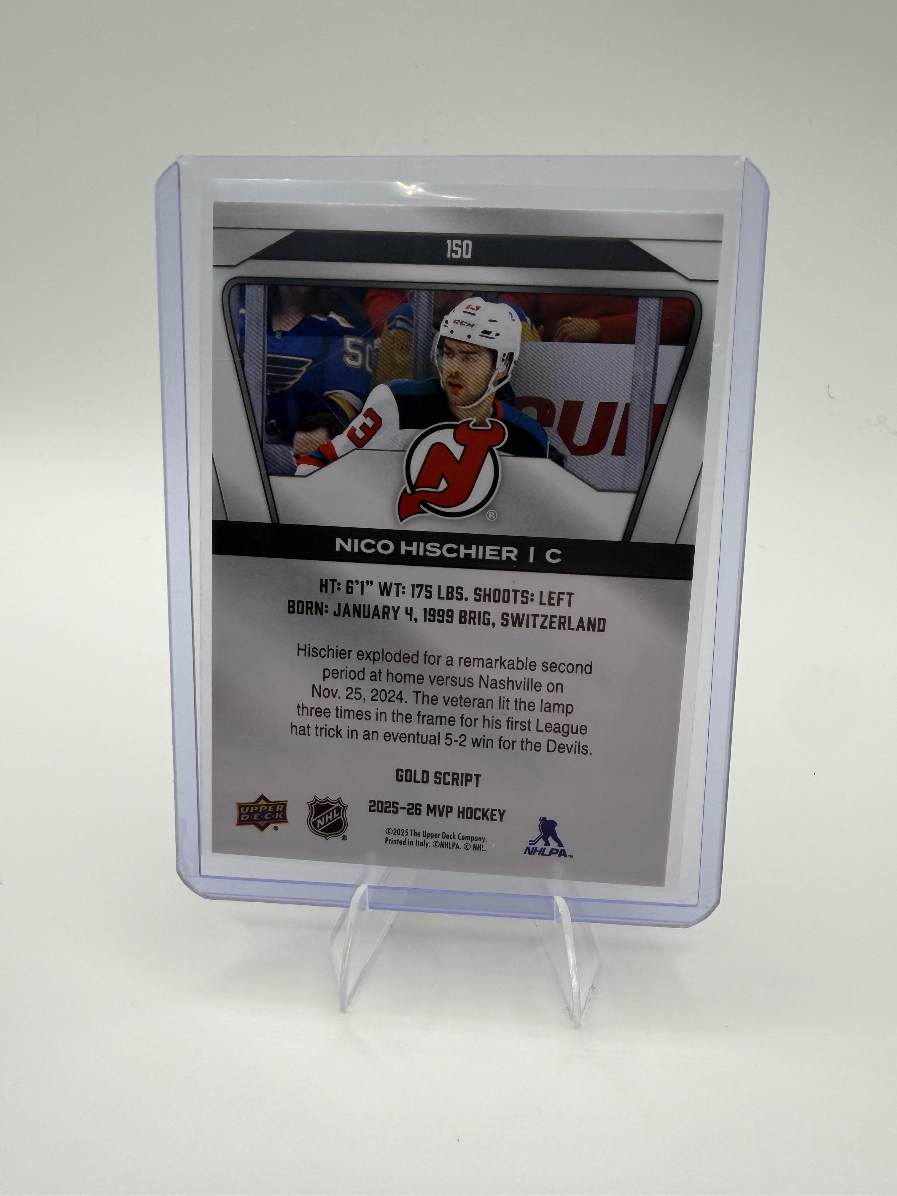 2025-26 Upper Deck MVP Nico Hischier Card Gold Script New Jersey Devils #150