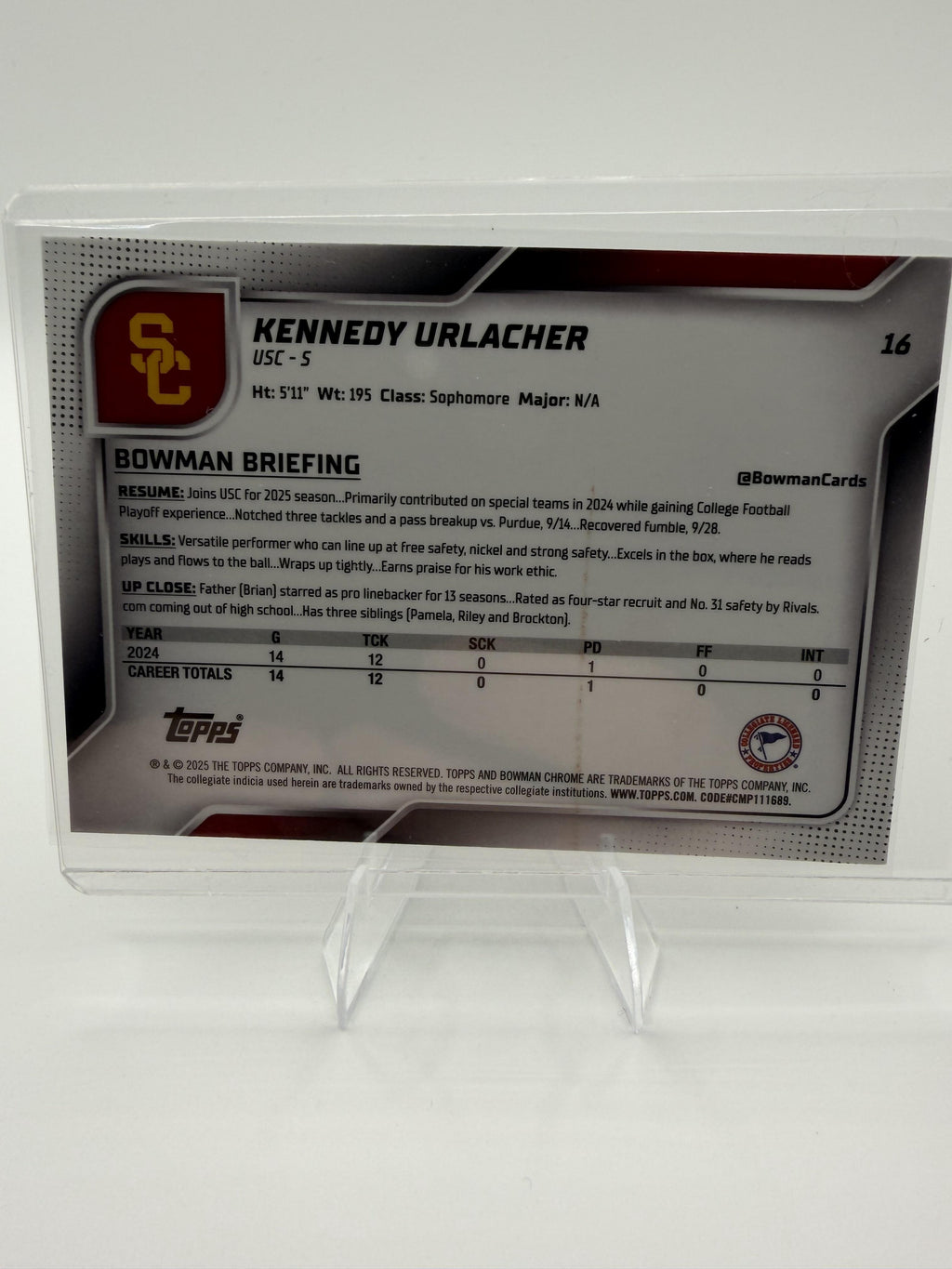 2025 Bowman Chrome University Kennedy Urlacher #16 Checkerboard Parallel USC 1st