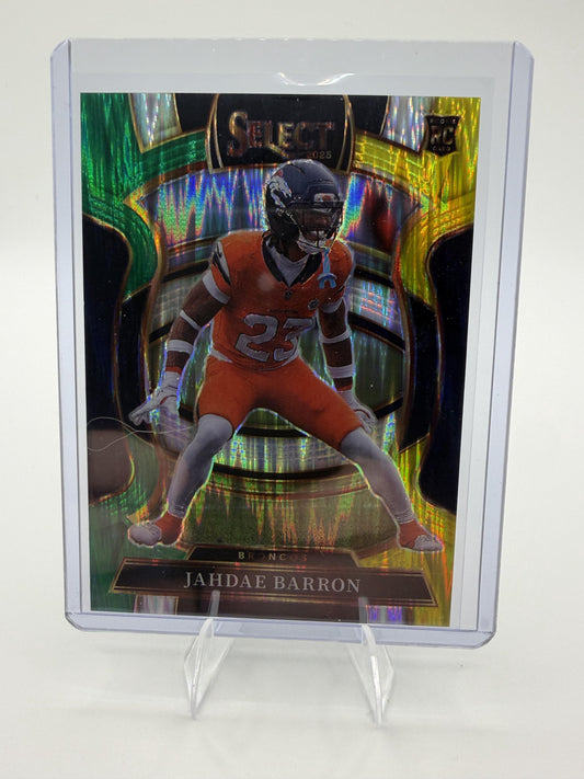 2025 Panini Select Jahdae Barron Card Green & Yellow Prizm Shock RC Broncos #12