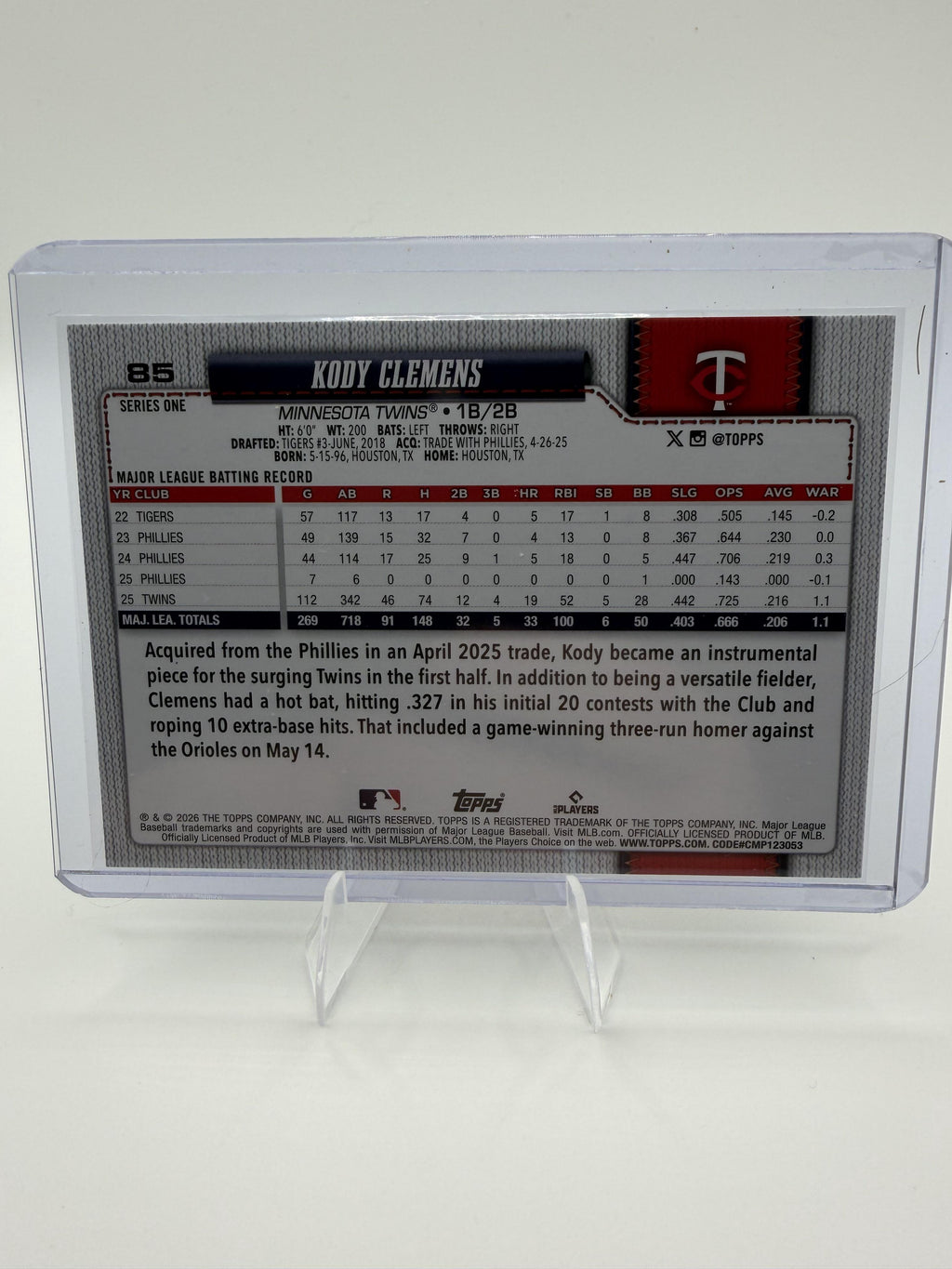 2026 Topps Kody Clemens Card Sandglitter Minnesota Twins #85