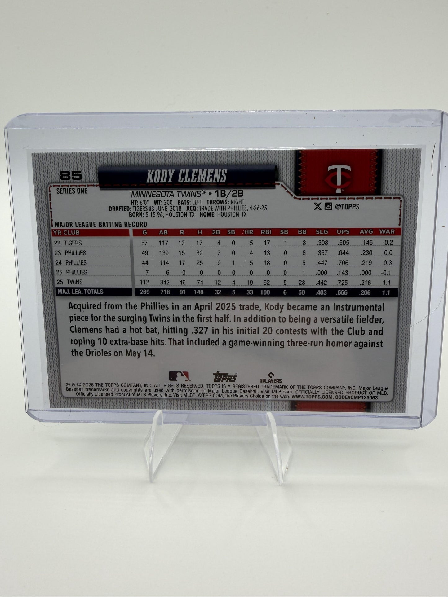 2026 Topps Kody Clemens Card Sandglitter Minnesota Twins #85