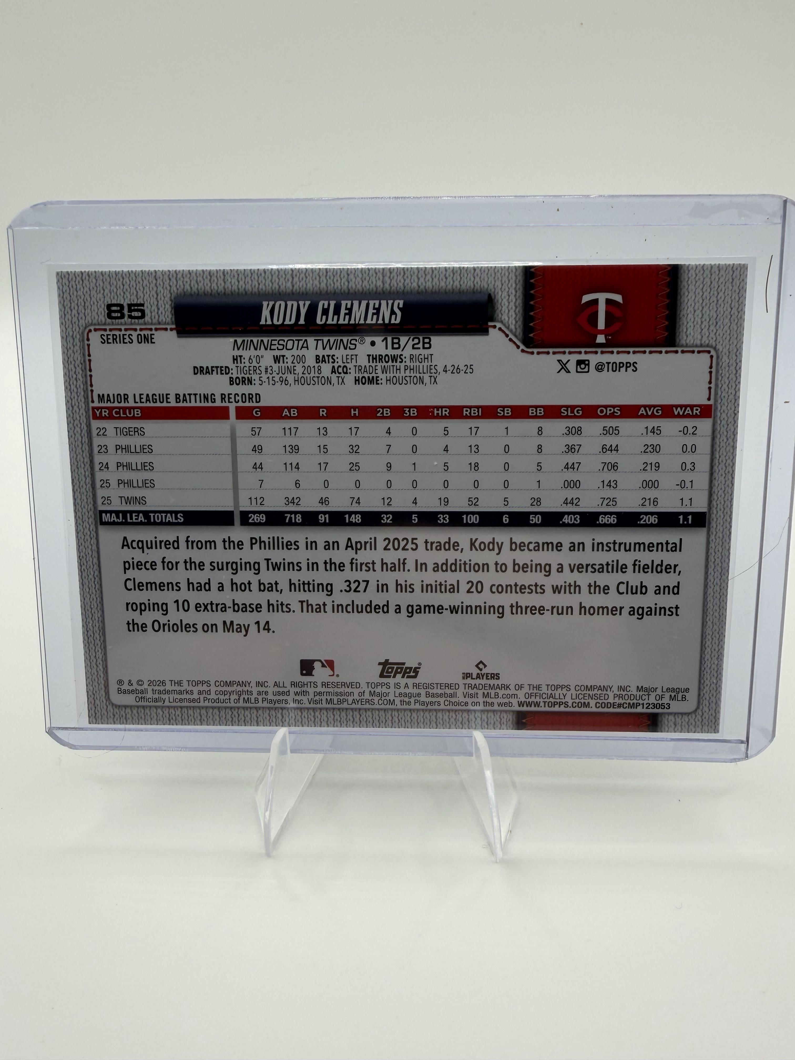 2026 Topps Kody Clemens Card Sandglitter Minnesota Twins #85