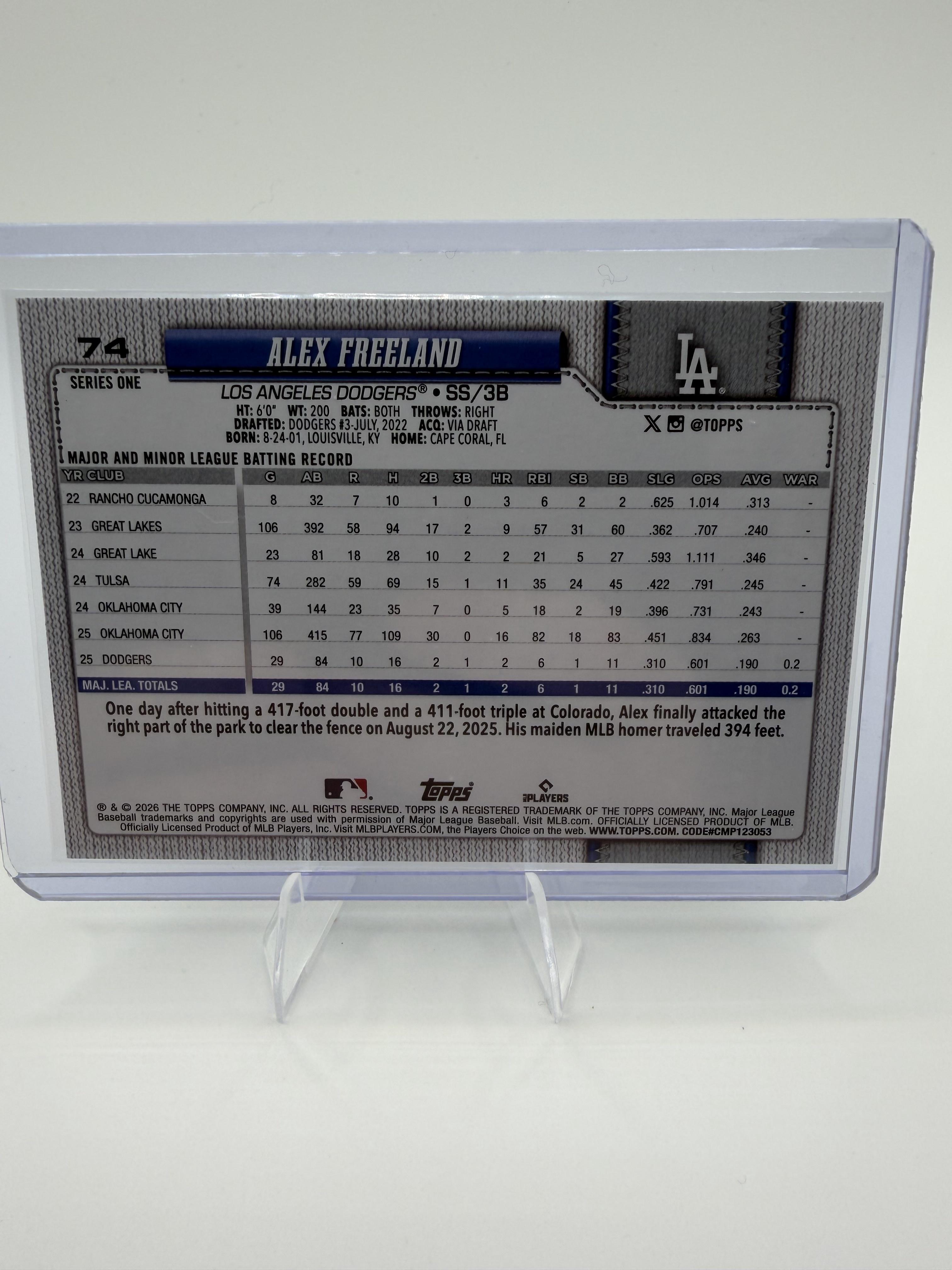 2026 Topps Alex Freeland Card Spring Training Los Angeles Dodgers #74