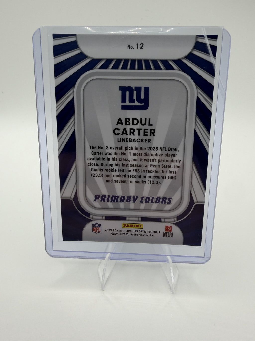 2025 Donruss Optic Abdul Carter Card Rookie Primary Colors New York Giants #12