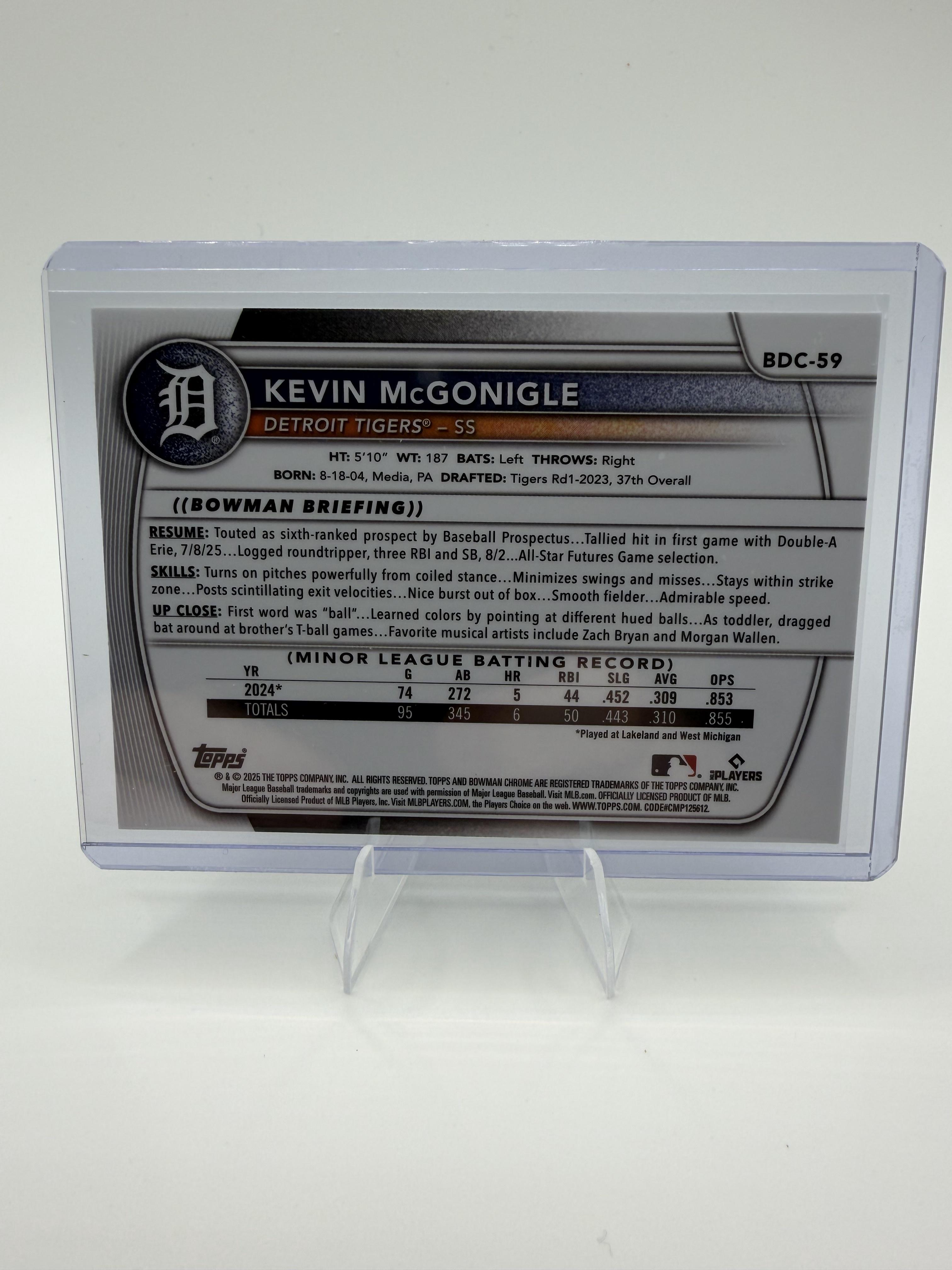 2025 Bowman Draft Kevin McGonigle Card Chrome Detroit Tigers #BDC-59