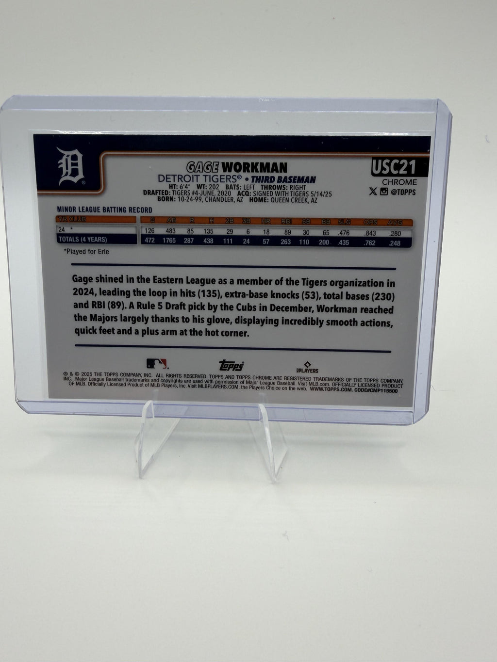 2025 Topps Chrome Update Gage Workman Card Refractors RC Tigers