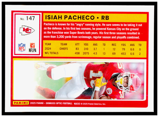 2025 Donruss Optic Isiah Pacheco Card Kansas City Chiefs #147