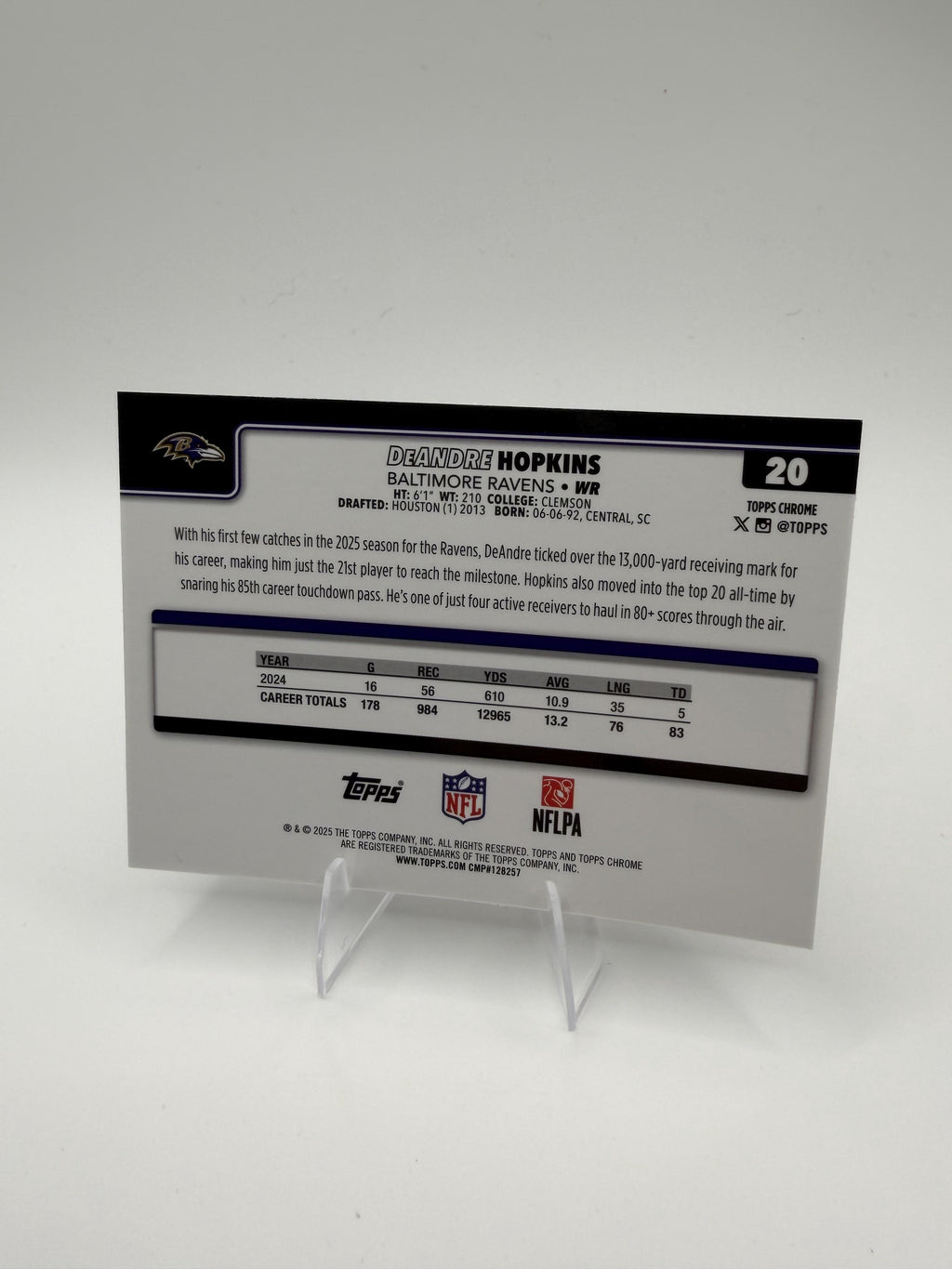 2025 Topps Chrome DeAndre Hopkins #20 Ravens WR Base Card