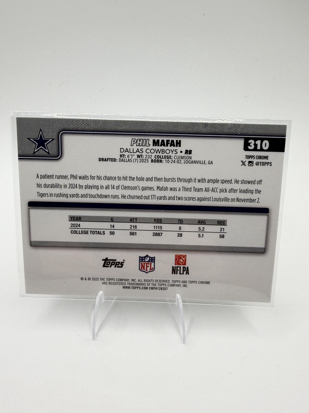 2025 Topps Chrome Phil Mafah RC #310 Dallas Cowboys Rookie RB