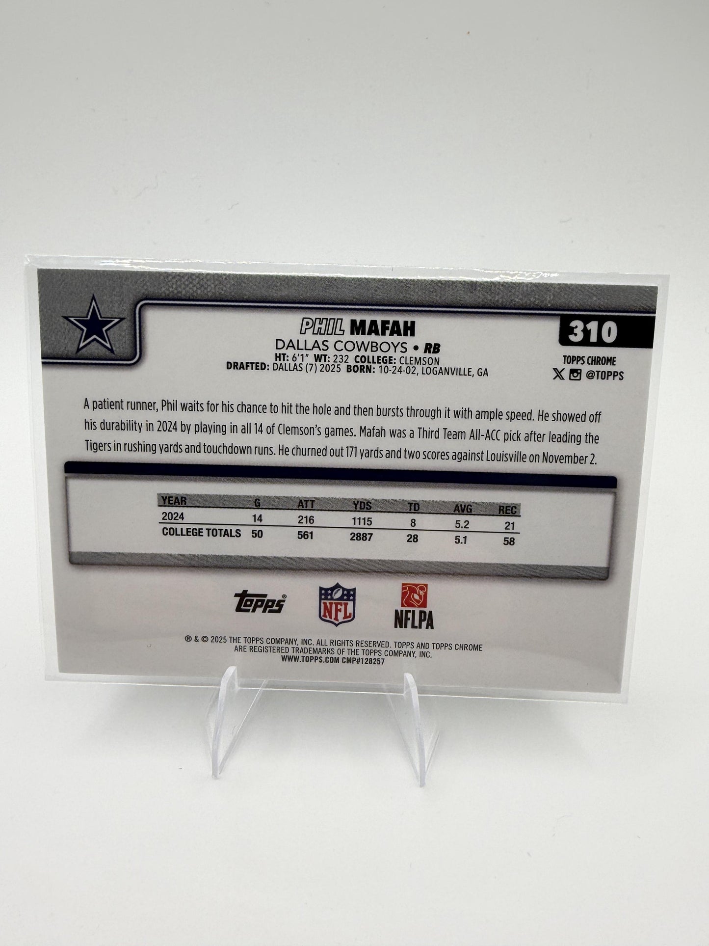2025 Topps Chrome Phil Mafah RC #310 Dallas Cowboys Rookie RB