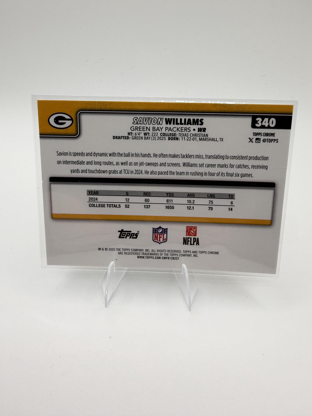 2025 Topps Chrome Savion Williams RC #340 Green Bay Packers Rookie WR
