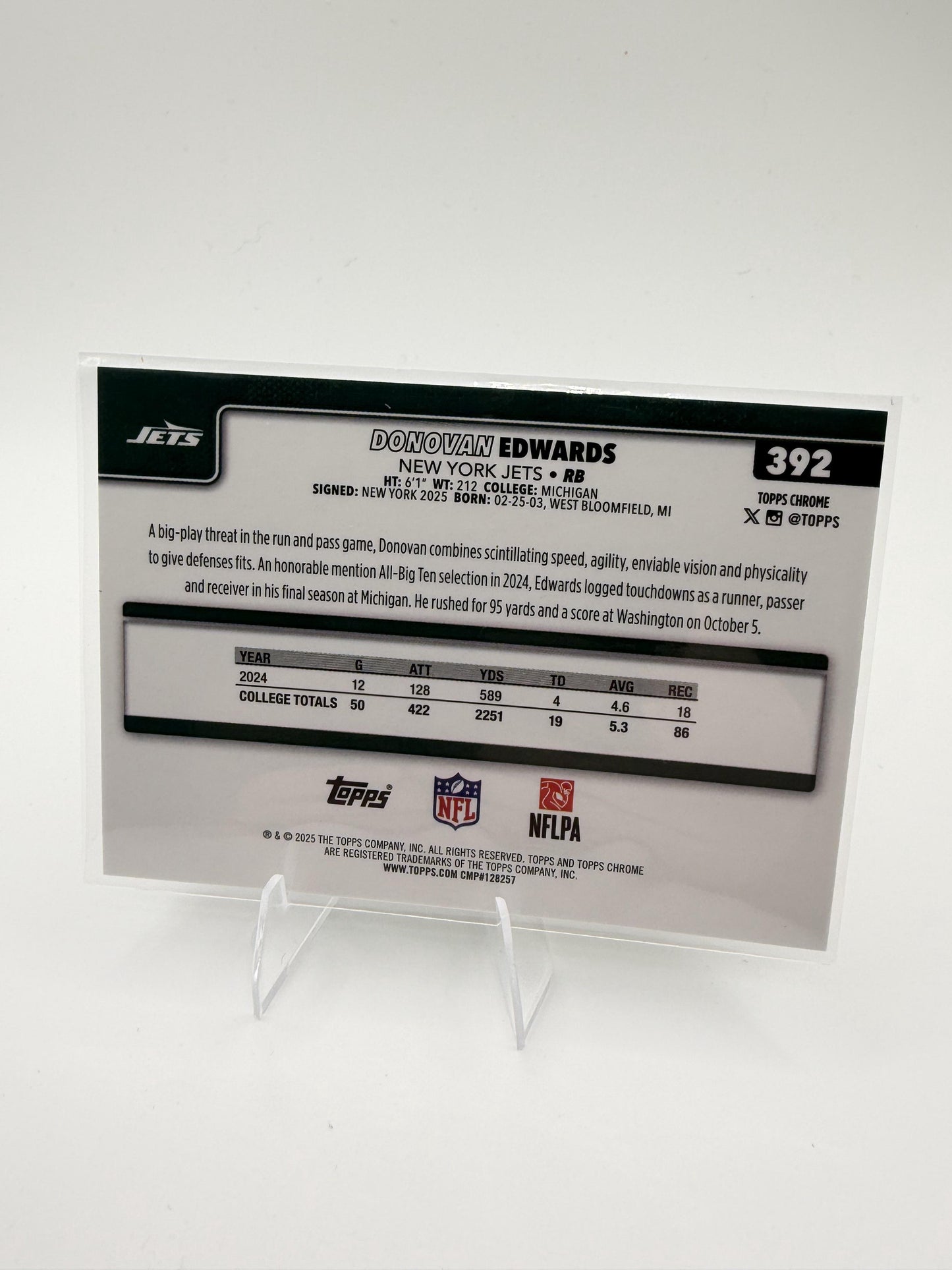 2025 Topps Chrome Donovan Edwards RC #392 New York Jets Rookie RB