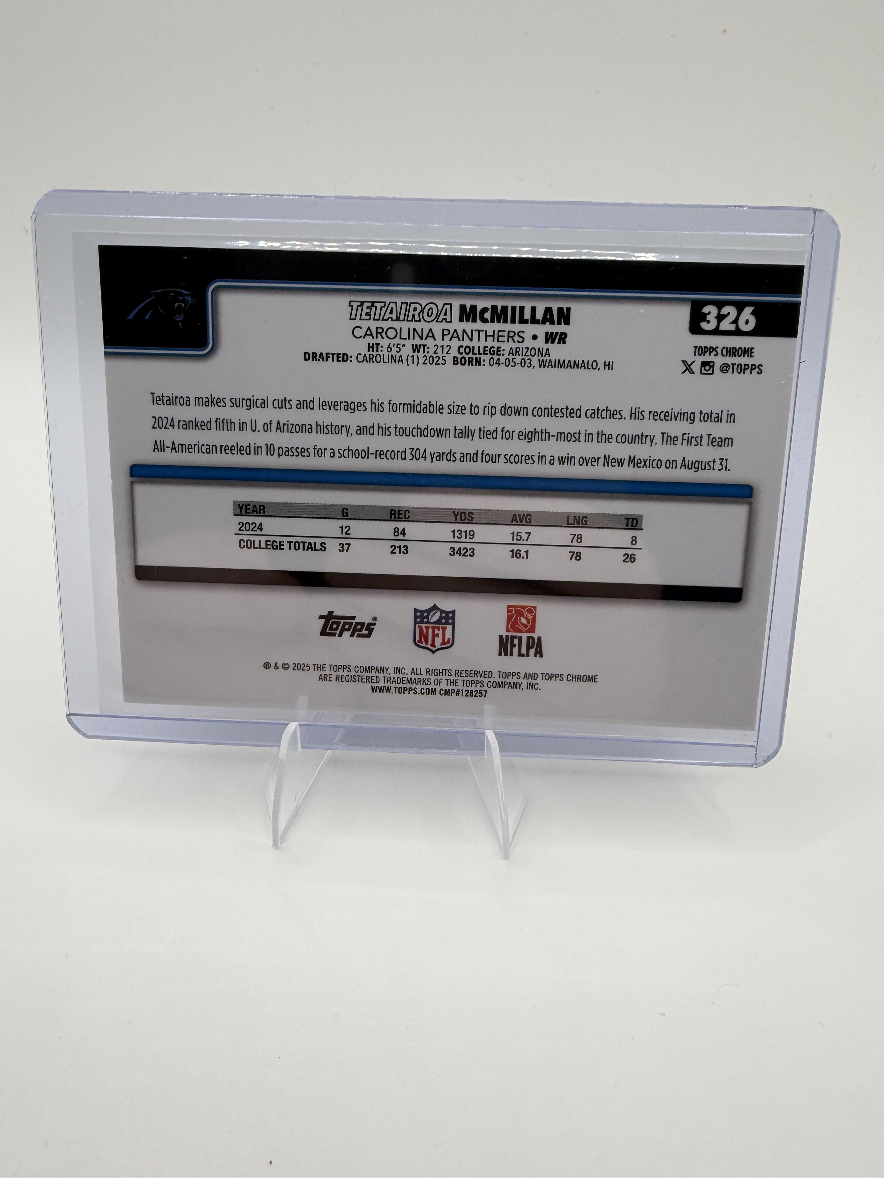 2025 Topps Chrome Tetairoa McMillan RC #326 Carolina Panthers Rookie WR